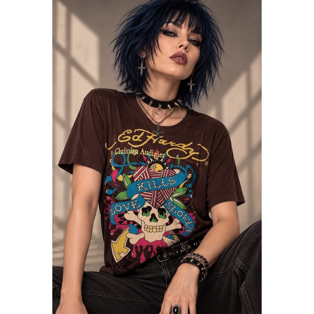Ed Hardy Christian Audigier XL Brown Graphic Skull Tattoo Tee Y2K